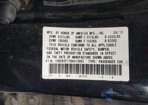 2013 Honda Accord Ex from USA, damaged, VIN 1HGCR2F77DA013963